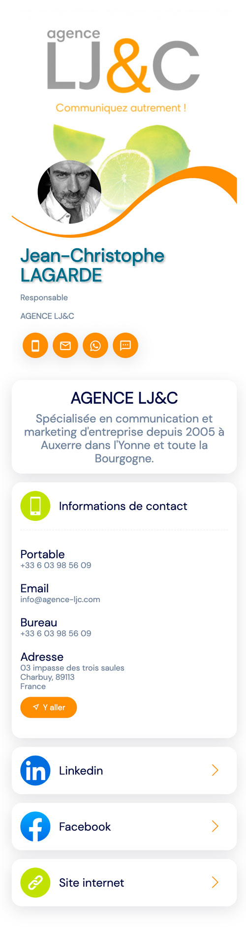 Détails de la carte de visite numérique de l'Agence de communication LJ&C à Auxerre - Yonne en Bourgogne.