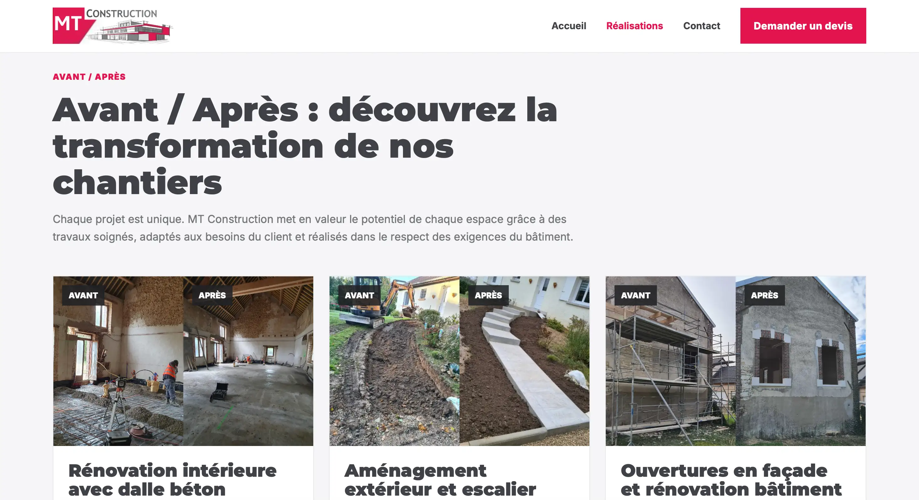 Aperçu des réalisations MT Construction sur le site vitrine créé par l’Agence LJ&C