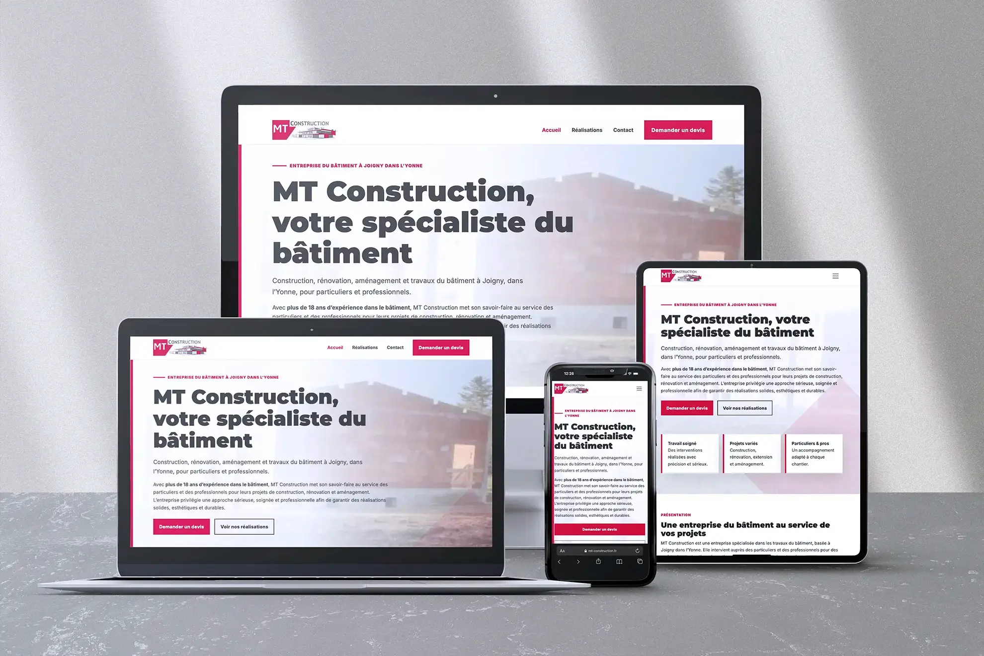 Aperçu du site internet MT Construction réalisé par l’Agence LJ&C pour une entreprise du bâtiment à Joigny